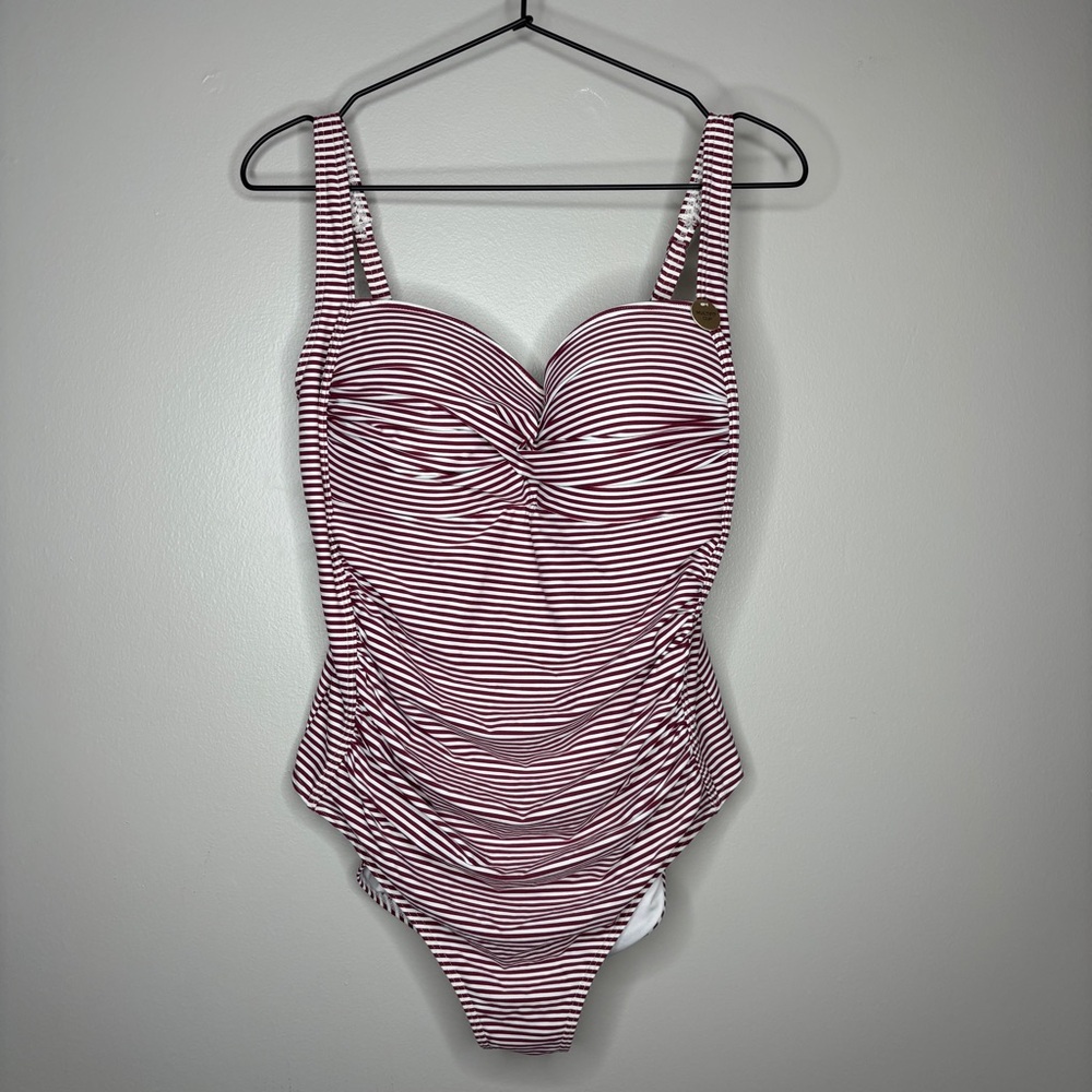 Nip Tuck Joanne Tummy Control Ruched One Peice Swim Suit Sorento Red Stripe 12
